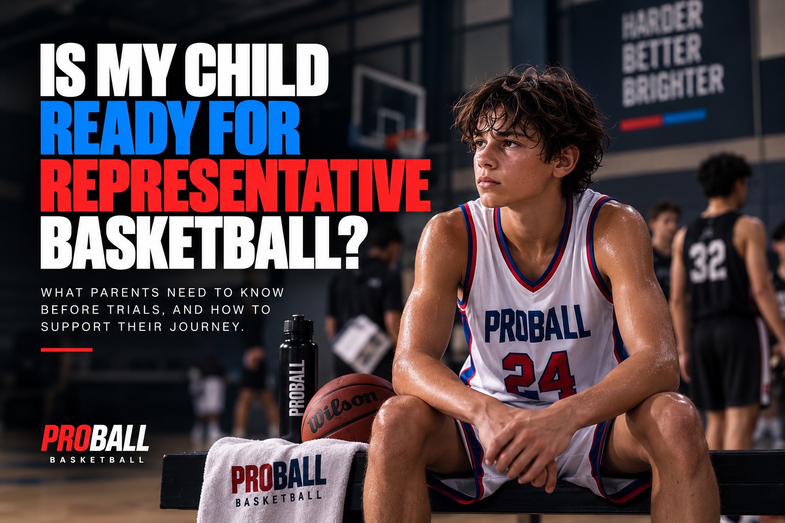 Young ProBall basketball player preparing for representative basketball trials in Sydney, sitting courtside with a basketball after training.